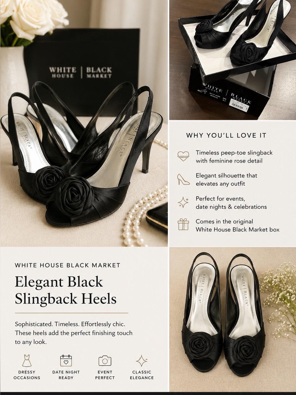 Size 8.5, White House Black Market Box Kept Elegant Black Slingback Heels